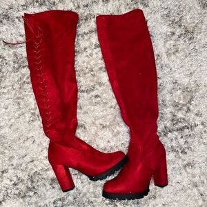 Red suede knee high boots